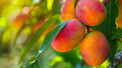 Juicy, ripe mangoes on a tree with a bright, sunny background that highlights their natural beauty