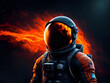 © Florence - Astronaut in spacesuit and helmet, dark space background with glowing flame. Generative AI.