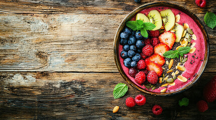 a colorful smoothie bowl topped with fresh fruits, nuts, and seeds, placed on a rustic wooden table