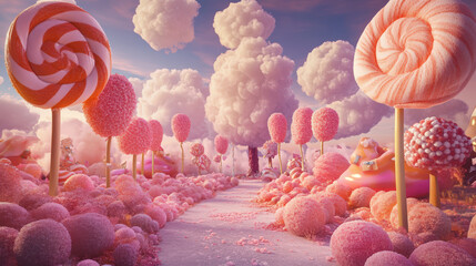 A whimsical candy land with giant lollipops and cotton candy clouds