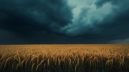 Canvas Print - Wheat Field Under Dark Stormy Sky at Dusk