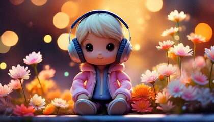 Wall Mural - A cute doll sits and listens to music amidst flowers in the bokeh background