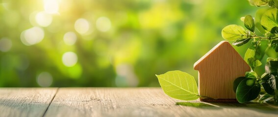 Wall Mural - Wooden House Symbol on a Wooden Table with Green Leaves and a Sunlit Blurred Background