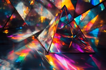 Aufkleber - This image showcases a clear glass pyramid reflecting an array of prismatic colors, creating a mesmerizing interplay of light and geometric shapes in a modern artistic composition.
