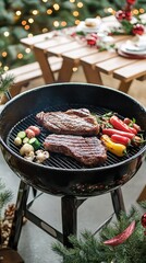 Wall Mural - Close-up of a charcoal grill with two steaks, vegetables, and mushrooms. A Christmas tree is out of focus in the background.