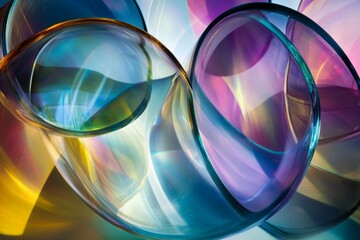 Aufkleber - Intertwined glass art pieces bathed in vibrant lighting create a colorful and abstract visual experience, showcasing fluid shapes and a mesmerizing play of light and color.