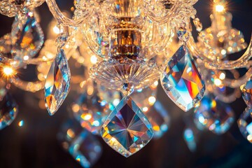Fototapete - An ornate chandelier adorned with numerous shining crystal pendants is captured, highlighting the elegance and luxury of the design, with light reflecting off each crystal.