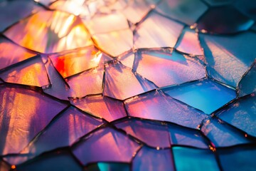 Aufkleber - This image showcases a variety of brilliant, shattered glass pieces reflecting a spectrum of rainbow-like colors, creating an abstract and striking visual representation.