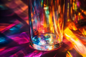 Aufkleber - An image of a glass with radiant colorful abstract light reflections creating a mesmerizing visual effect, showcasing vibrant hues and dynamic shapes.