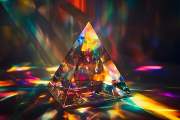 Aufkleber - A high-quality image of a prism pyramid emitting rays of rainbow-colored lights, creating a dynamic and mesmerizing appearance with vivid colors and sharp angles.