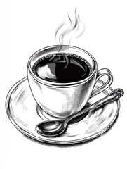 Black and white Vintage engraved art of a steaming cup of coffee with a saucer and spoon, isolated on white background, ink sketch illustration, simple vector art design, highly detailed line art