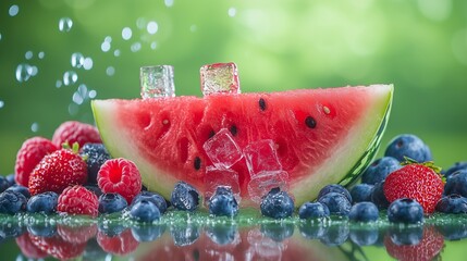 Wall Mural - Refreshing summer fruit display with watermelon, raspberries, and blueberries surrounded by ice cubes