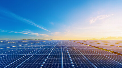 a solar farm with rows of solar panels extending into the horizon, clear blue sky, sustainable energy