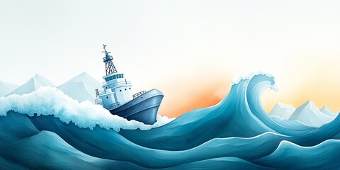 A powerful ship navigates through massive waves, Watercolor illustration.