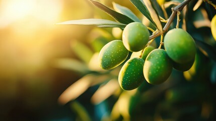 A close-up of green olives on a tree, ripe and ready for harvest, symbolizing the Mediterranean diet