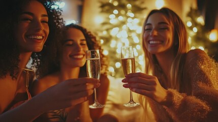 Poster - Three women are toasting with champagne glasses in front of a christmas tree, AI