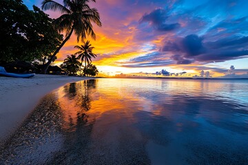 A banner featuring a paradise island's vibrant, colorful sunset, with the sky ablaze in orange and pink hues, reflected in the calm ocean