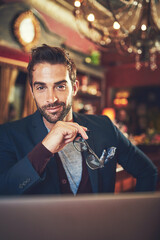 Poster - Pub, man and portrait with confidence in fancy bars, restaurant and smile ready for date. Fashion, glasses and trendy male person from Italy with flirt, nightlife and happy waiting for dinner