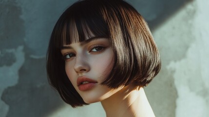 Wall Mural - A young woman with a stylish bob haircut gazes confidently toward the camera, illuminated by gentle light against a textured wall.