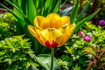 Wall Mural - Vibrant yellow tulip blooms in a lush summer garden, surrounded by lush green foliage, with ample copy space, evoking feelings of warmth and serenity.