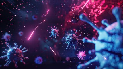 Sticker - Stylized representations of viruses, with a focus on a coronavirus-like structure, set against a cosmic or nebulous background with a vibrant display of pink and blue hues