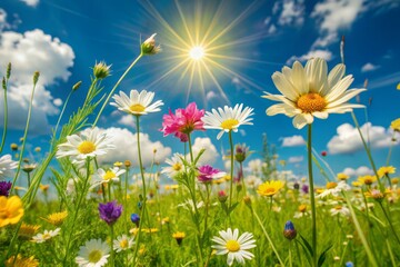 Wall Mural - Vibrant blooming wildflowers sway gently in the warm breeze against a soft sunny blue sky with subtle fluffy white clouds on a serene summer day.