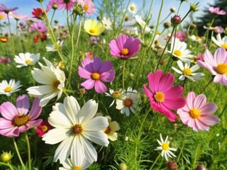 Wall Mural - Vibrant meadow of cosmos and wild daisies sways gently in the breeze, encapsulating nature's untamed beauty with delicate petals and soft foliage isolated on transparent background.