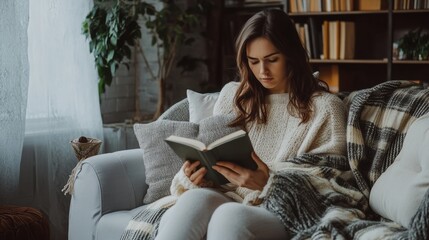 Sticker - A woman sitting on a couch reading a book, AI