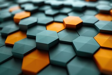 Wall Mural - A close up of a pattern of hexagons with some orange and blue