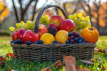 Wall Mural - A basket of fruit is on the grass, including apples, oranges, and grapes