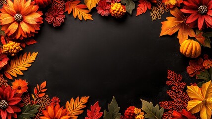 Wall Mural - A vibrant autumn arrangement of flowers and leaves in rich fall colors framing a dark background, perfect for seasonal design.