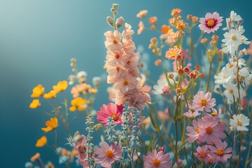 Wall Mural - A colorful bouquet of flowers with a blue sky in the background