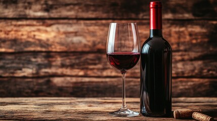 A red wine bottle and glass on a rustic table, symbolizing elegance and indulgence