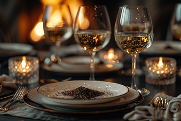 A table with a white plate and two wine glasses with a candle in the middle