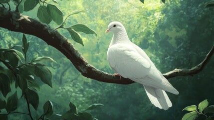 Wall Mural - A white dove perched on a tree branch, symbolizing peace and harmony