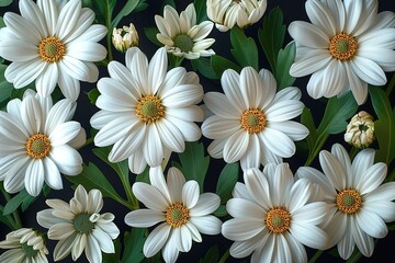 Wall Mural - A close up of a bunch of white flowers with green leaves