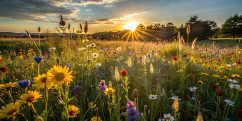 Wall Mural - Warm golden hour light casts long shadows across a vibrant wildflower field, with tall grasses and colorful blooms swaying gently in the fading daylight.