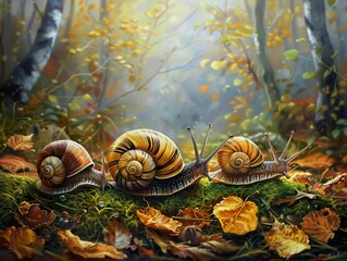 Canvas Print - Three Snails Crawling Through Autumn Leaves in a Forest