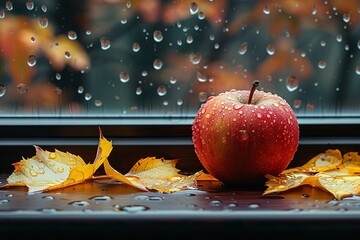 A red apple sits on a table next to some leaves