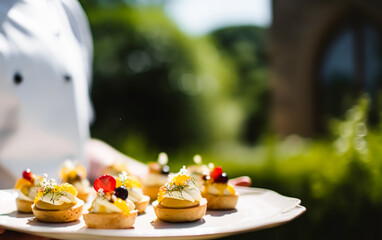 Poster - Luxury plate with appetisers served by a waiter at an exquisite event outdoors, fine dining idea, post-processed, generative ai