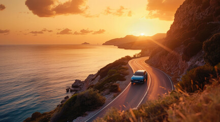 Wall Mural - A blue SUV driving along the winding coastal road, with lush greenery and cliffs on both sides, overlooking an ocean at sunset