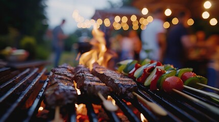 Grilled food on a barbecue with a party in the background