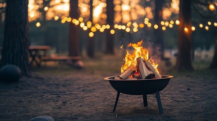 Poster - Cast iron fire pit campfire place at forest beach camping with brgiht burning flame at evening time against light bulb garland and trees.