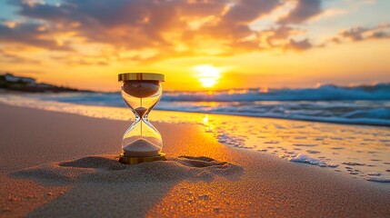 Wall Mural - Golden hourglass on the beach sand, sunset in the background, time concept. 