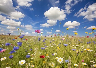 Wall Mural - Vibrant colorful wildflowers sway gently in a lush green meadow, bathed in soft sunlight, under a bright blue summer sky with wispy white clouds.