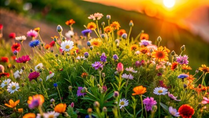 Wall Mural - Vibrant colorful wildflowers bloom on a small rolling hill, softly glowing in gentle light, isolated on a transparent background for landscape design elements.