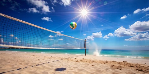 Vibrant beach scene with sand particles suspended in air as volleyball soars over net, set against a radiant sunny backdrop with turquoise ocean and endless blue horizon.