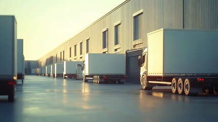 Close up fleet of trucks parked in front of warehouse to delivering factory goods. AI generated