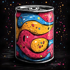 Vibrant Doodle Can of Playful Pet Food with Colorful Labels and Details