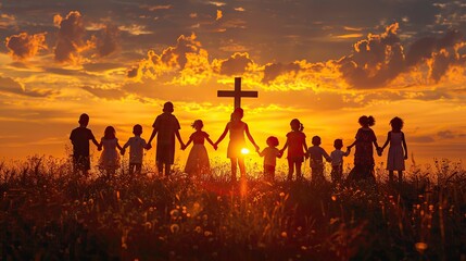 Kids holding hands near a cross in sunset light